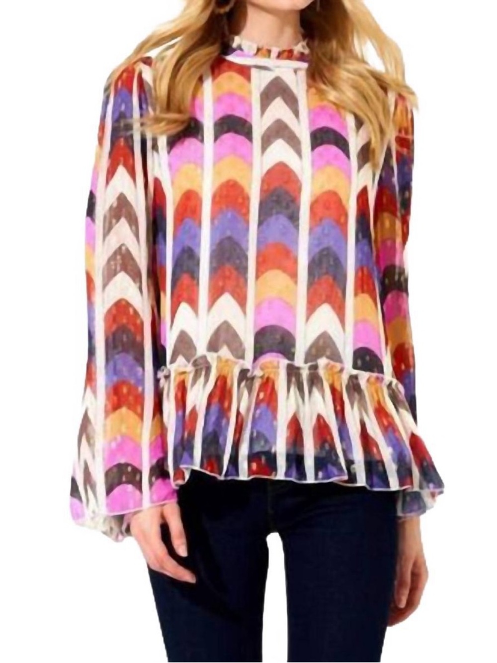 Oliphant Peplum Flare Sleeve Blouse Metallic Milano Print XS
